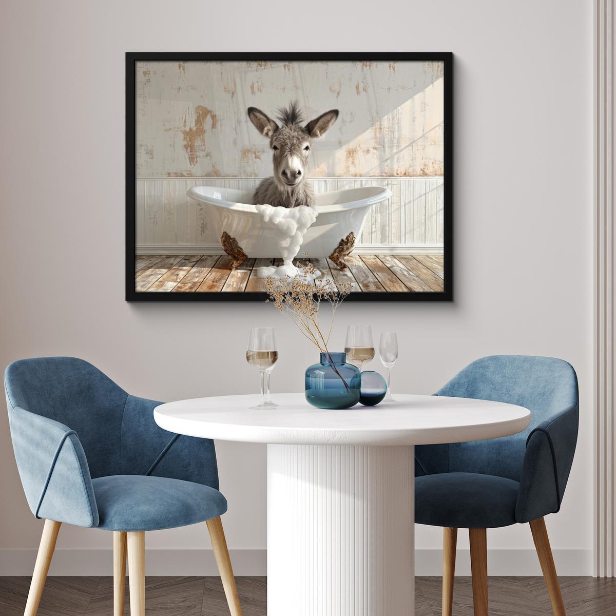POSTER MIT RAHMENGERAHMTES BILD Esel - Tiere - Badewanne - Schaumstoff 80x60 cm - Weiß, Papier (80/60cm) - MuchoWow