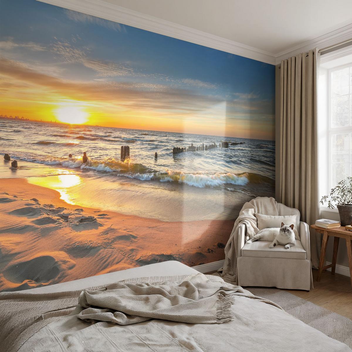 FOTOTAPETE 416x254 cm - Sonnenuntergang am Strand - Gelb, Textil (416/254cm) - Wallfluent