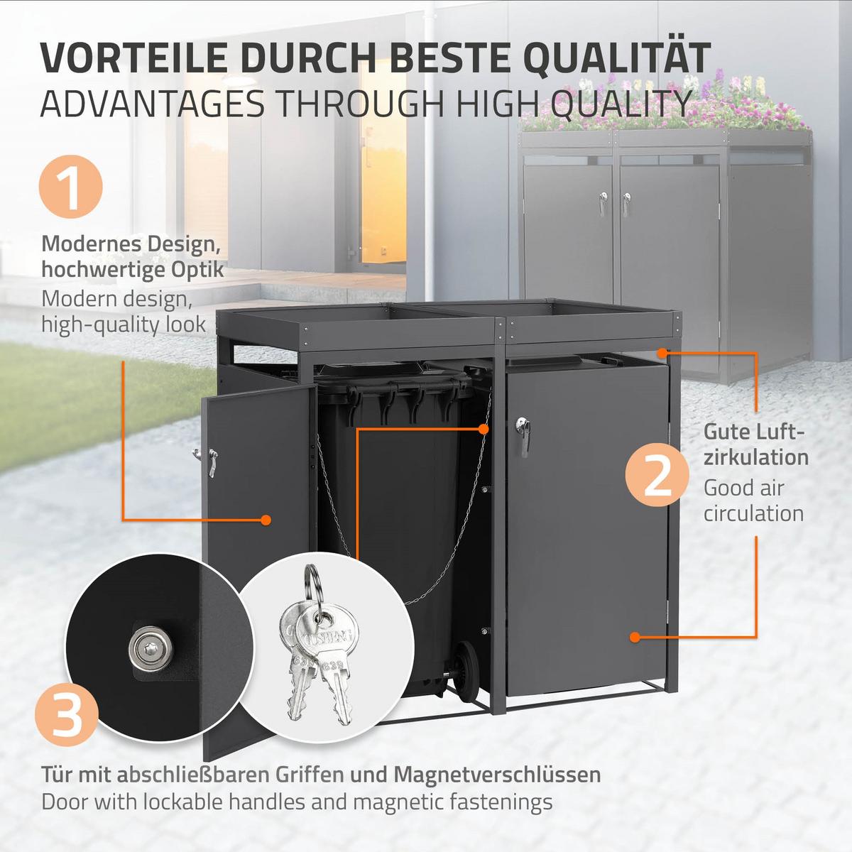 MÜLLTONNENBOX 2er mit Pflanzdach Anthrazit - Anthrazit, Metall (132/124/80cm) - ML-DESIGN