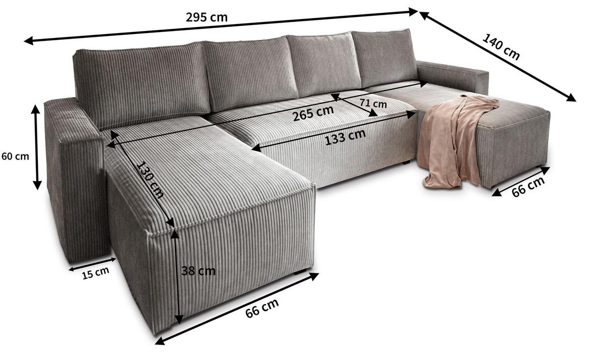 WOHNLANDSCHAFT ASPRA Blau Kordstoff mit Schlaffunktion - Blau/Grau, Holz/Kunststoff (295/85/140cm) - MASSENO