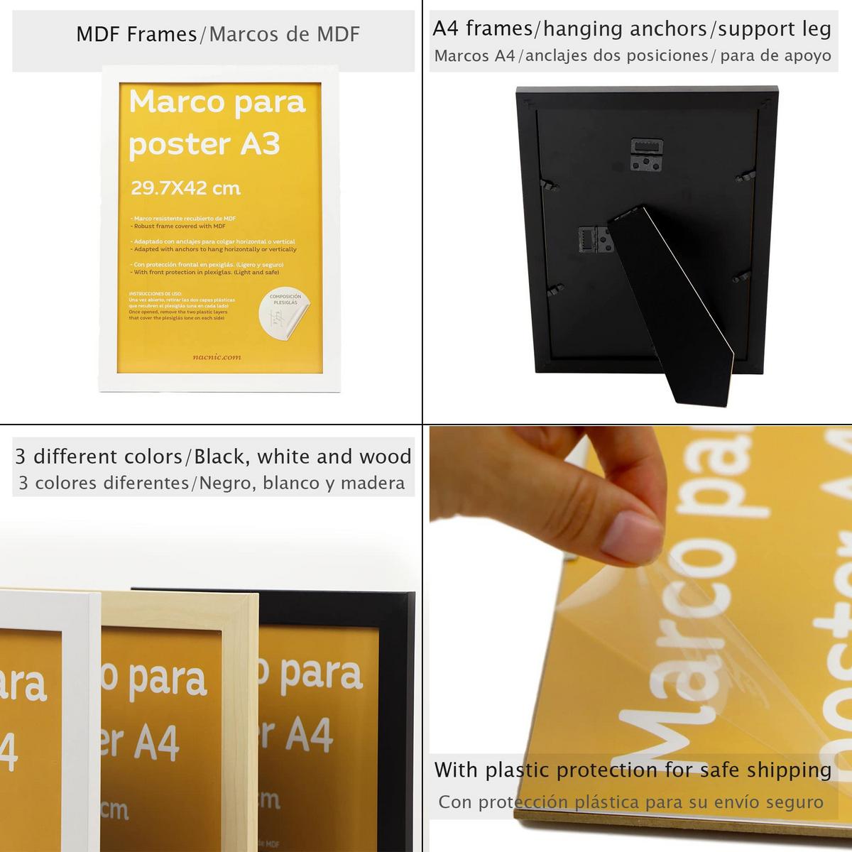 POSTER Set Mit 6 Plakaten Mit Strom 1 Patenten Im Vintage Stil A3 & A4 Rahmen Aus Hellem Holz - Beige, Papier (29/3cm) - Nacnic