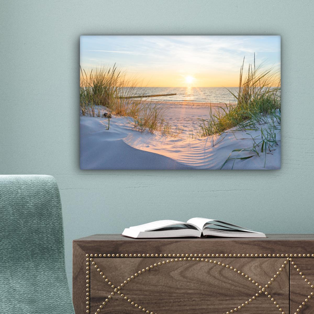 LEINWANDBILD Strand - Sonne - Düne - Gras - Sand - Horizont Deko Schlafzimmer 30x20 cm - Hellblau, Textil (30/20cm) - MuchoWow