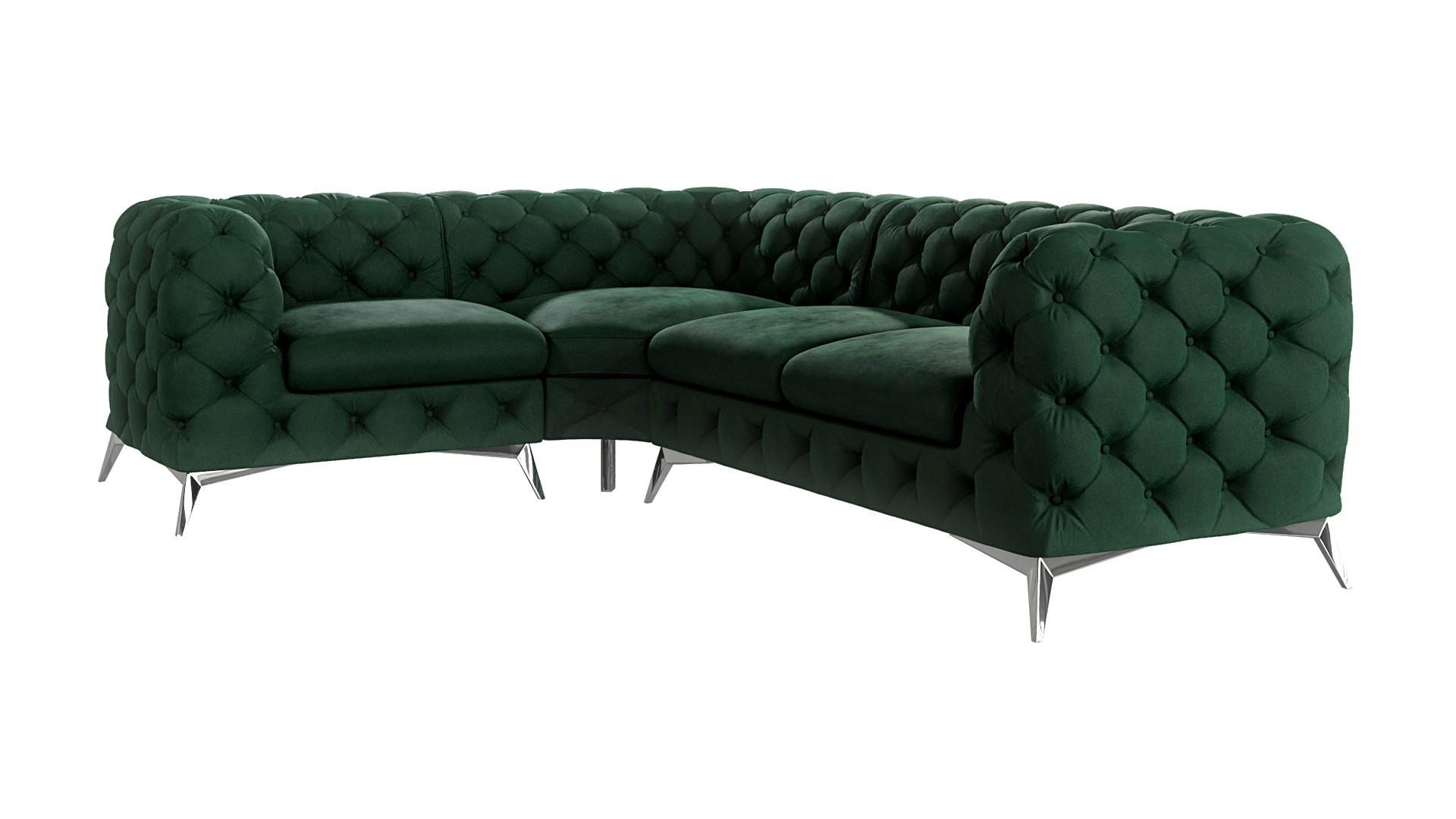ECKSOFA Chesterfield Laura Flasche Grün Samt, Ottomane Links - Smaragdgrün/Silberfarben, Holz/Textil (264/204cm) - S-Style Möbel