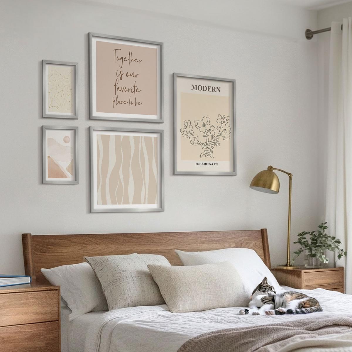 BILDER SET 5er Set - 50x50 cm & 20x30 cm & 40x60 cm Silberner Rahmen - Abstrakte Formen und Farben - Silberfarben, Kunststoff (40/60cm) - TULUP