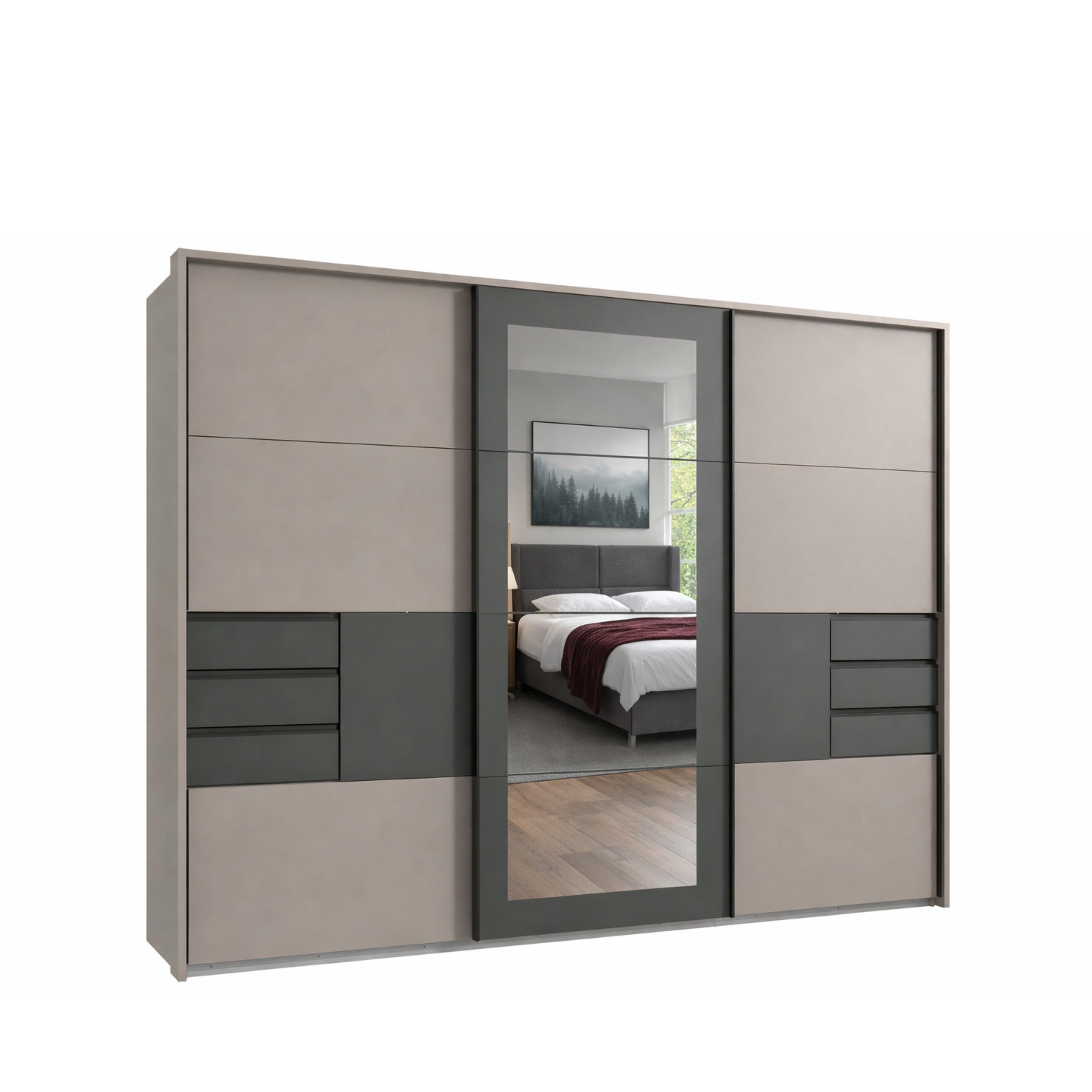 SCHWEBETÜRENSCHRANK 3-türig B273/H213/64 cm, Sandgrau mit Absetzungen in Grafit, Passepartout&Spiegel&Schubladen, Kleiderschrank inkl.Vollaus./ 22508 - Sandfarben/Blau, Holzwerkstoff/Metall (273/213/64cm) - luma-home