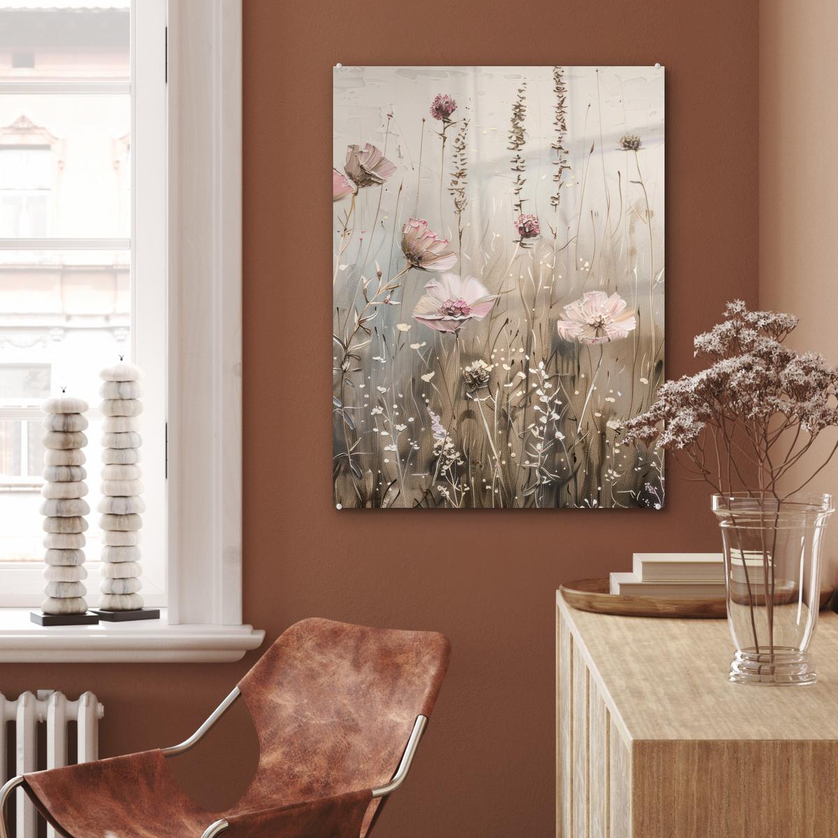 ACRYLGLASBILD Blumen - Rosa - Modern - Beige 60x80 cm - Beige, Glas (60/80cm) - MuchoWow