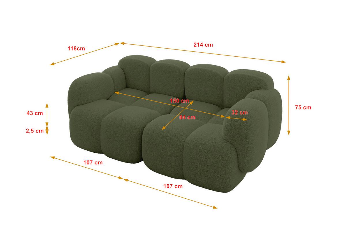 2-SITZER modulares Sofa Miko-S1 214x118x75 cm Grün Bouclé - Smaragdgrün/Schwarz, Holzwerkstoff/Kunststoff (214/75/118cm) - ALTDECOR