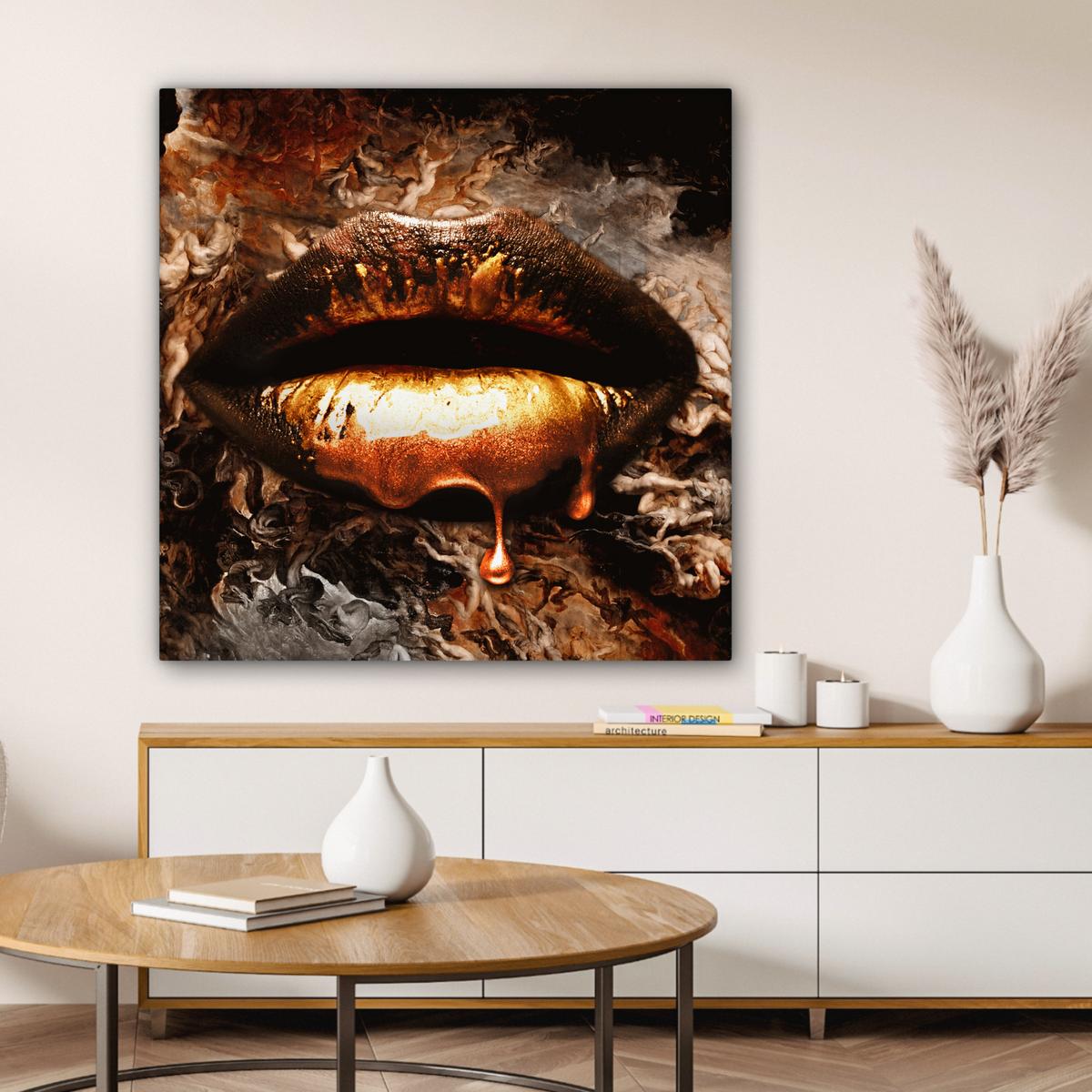 LEINWANDBILD Gold - Lippen - Kunst - Gold - Luxus - Abstrakt Deko Groß 90x90 cm - Kupferfarben, Textil (90/90cm) - MuchoWow