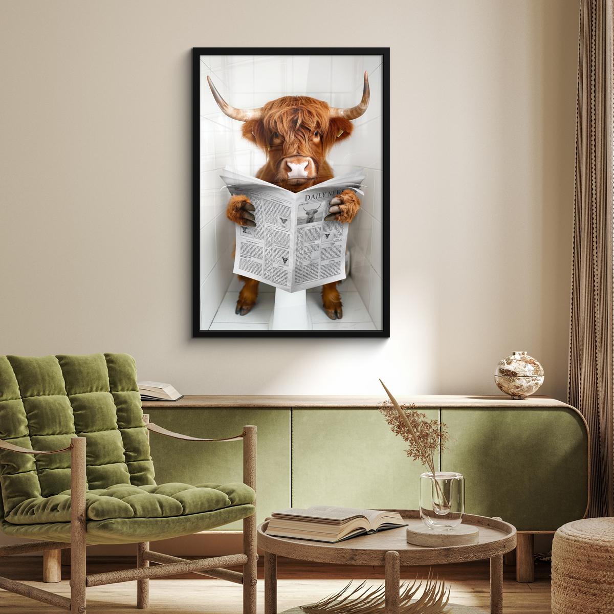 POSTER MIT RAHMENGERAHMTES BILD Schottischer Highlander - Tier - Zeitung - Toilette 60x90 cm - Kastanienfarben, Papier (60/90cm) - MuchoWow