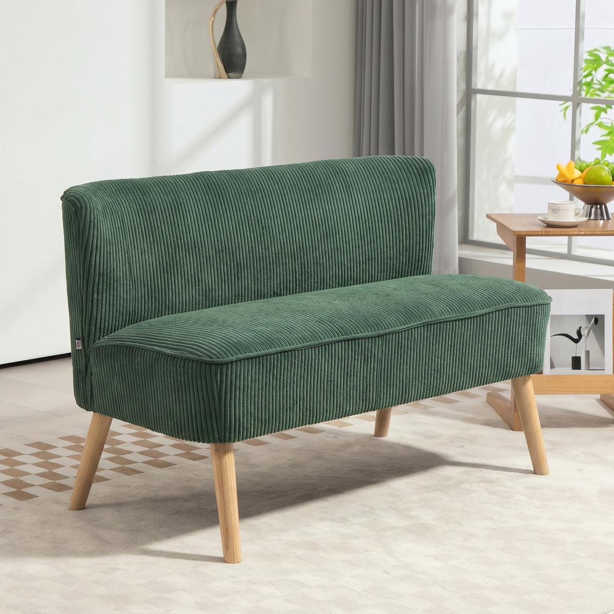 2 Sitzer Sofa, Gepolsterte Couch mit Kordoptik, Holzbeine für Wohnzimmer, Grün - Waldgrün/Naturfarben, Holz/Textil (56.5/77/117cm) - HOMCOM