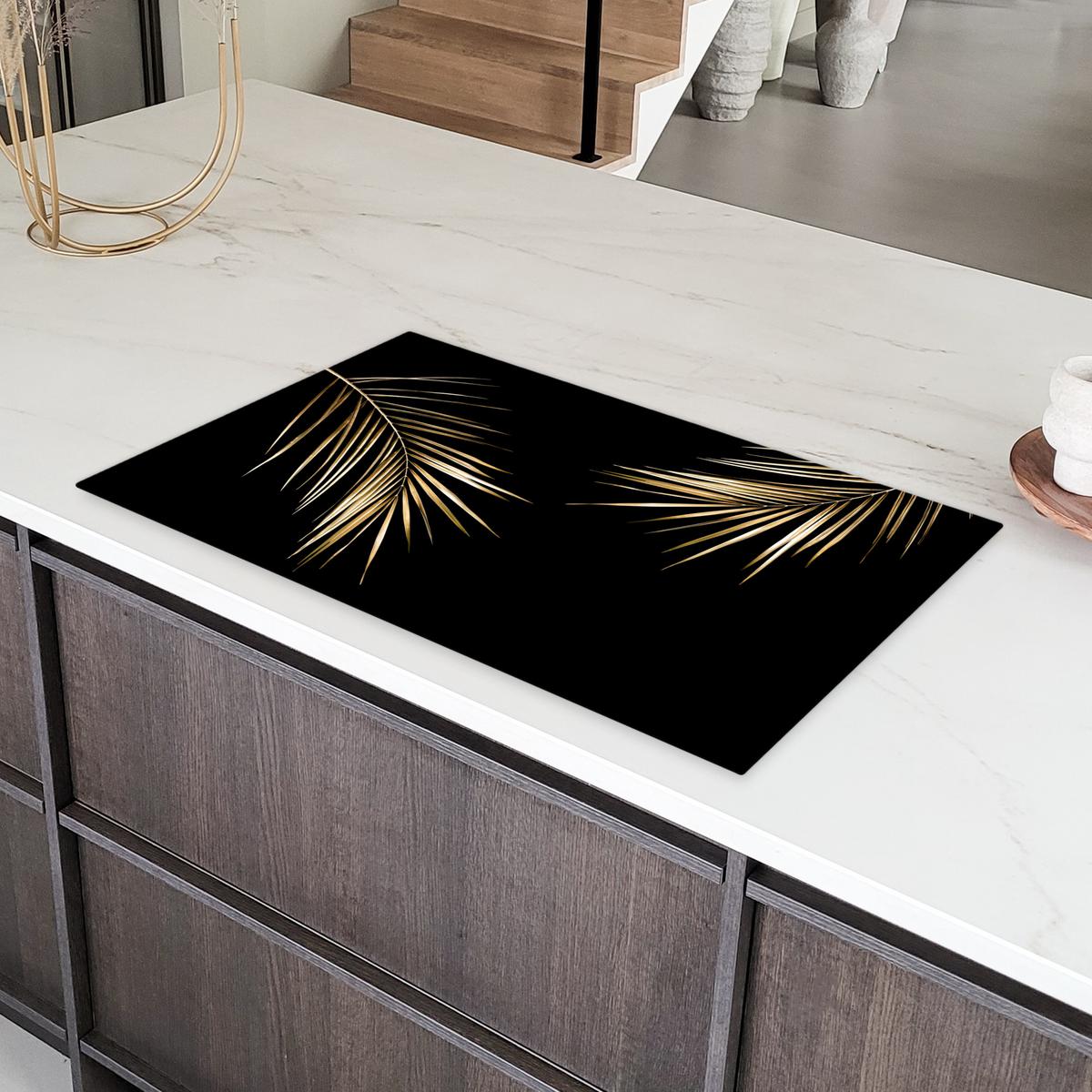 HERDABDECKPLATTE Blätter - Pflanzen - Gold - Schwarz - Luxus Induktionsschutz 91.6x52.7 cm - Goldfarben, Kunststoff (91.6/52.7/0.2cm) - MuchoWow