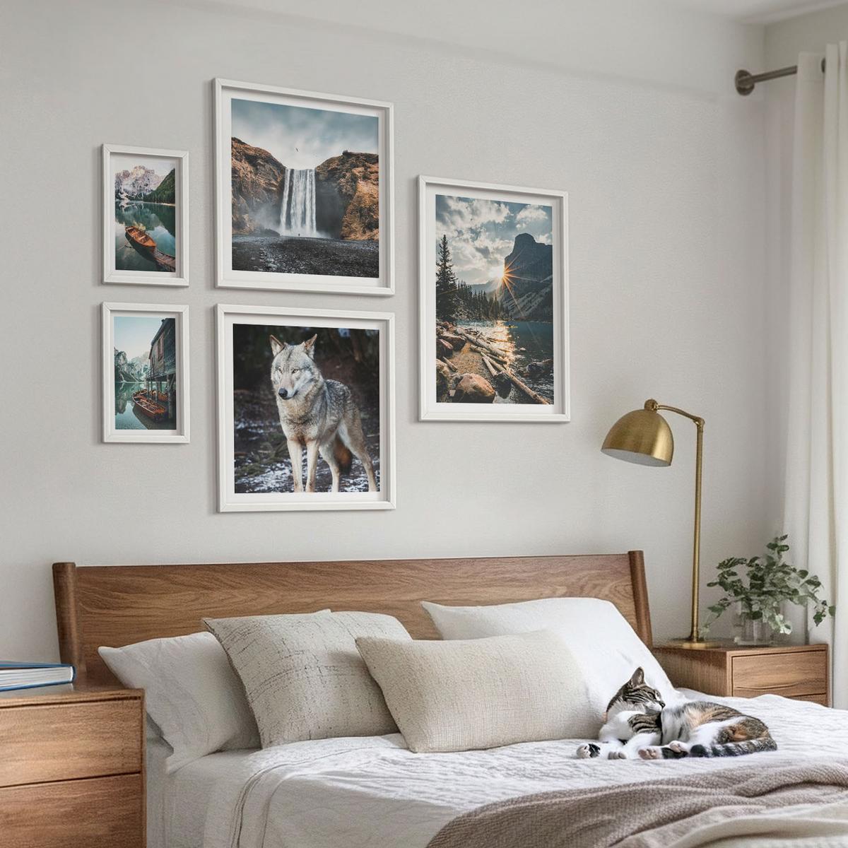 BILDER SET 5er Set - 50x50 cm & 20x30 cm & 40x60 cm Weißer Rahmen - Berge, Seen, Wasserfall, Wolf - Weiß, Kunststoff (40/60cm) - TULUP