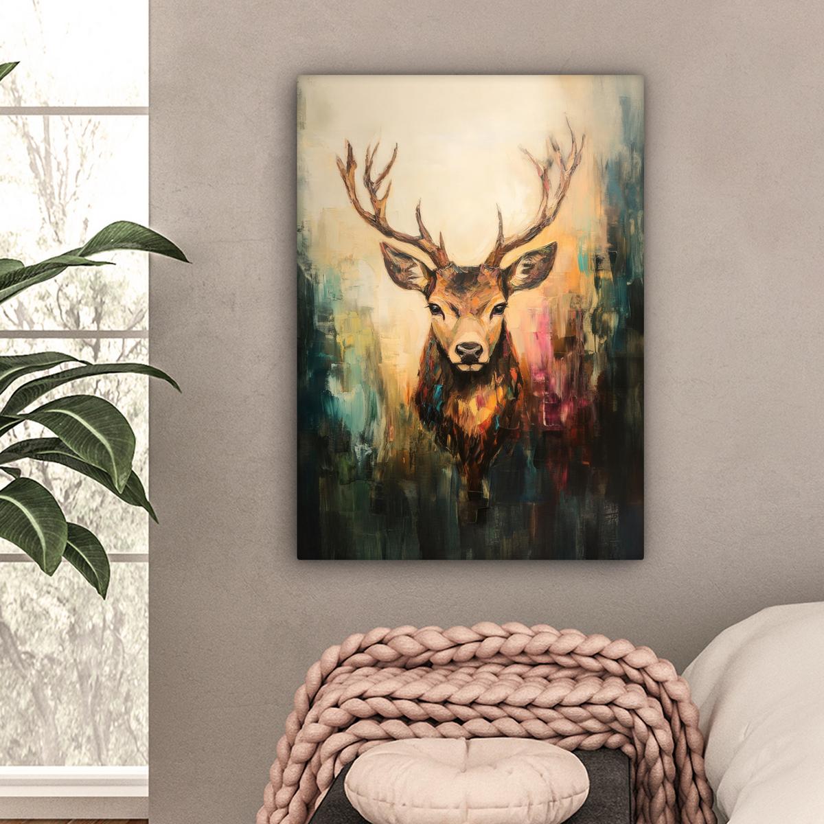 LEINWANDBILD Hirsch - Gemalt - Geweih - Braun Wandbild Wohnzimmer 60x80 cm - Haselnussfarben, Textil (60/80cm) - MuchoWow