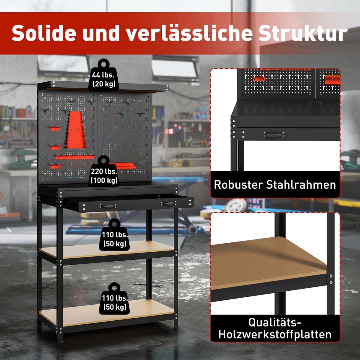 WERKBANK MDF Metall Schwarz - Schwarz, Metall (80/40.5/155cm) - HOMCOM