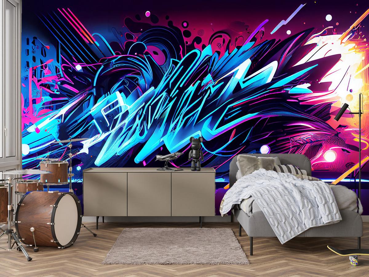 FOTOTAPETE für Jugendzimmer Neon Graffiti Schriften 300x210 - Blau/Gelb, Papier (300/210cm) - Muralo