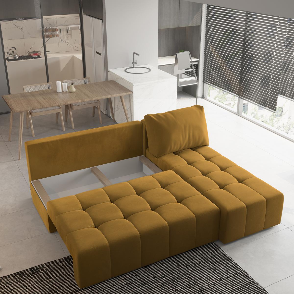 ECKSOFA DOMIRA Gelb Plüsch-Stoff mit Schlaffunktion - Gelb, Holz (200/141cm) - MASSENO