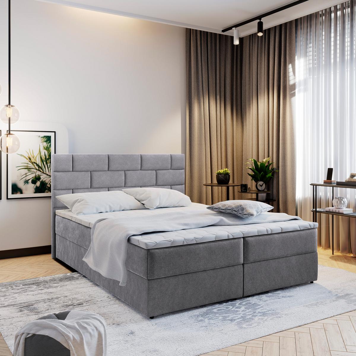 BOXBETT KERLO 180x200 cm mit Matratze und Topper - Grau - Grau, Holz (180/200cm) - MASSENO