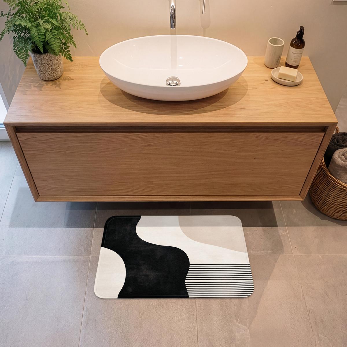 BADEMATTE Abstrakt - Japandi - Beige - Modern 60x40 cm - Beige/Schwarz, Textil (60/40cm) - OnlyWow