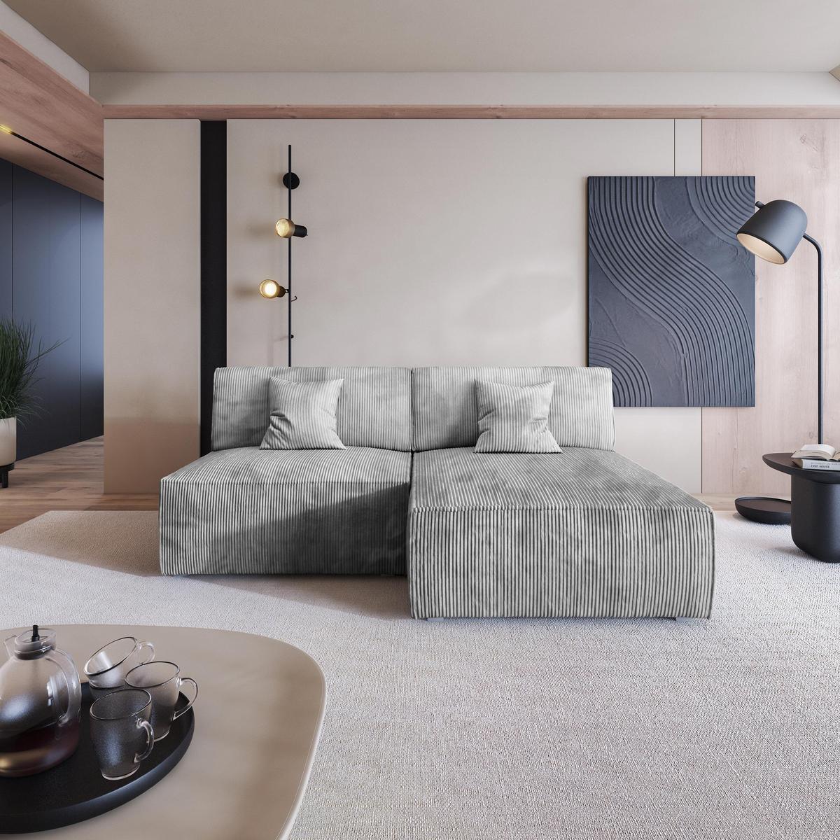 ECKSOFA FIORO P Hellgrau Kordstoff mit Schlaffunktion - Hellgrau/Grau, Holz/Kunststoff (204/148cm) - MASSENO