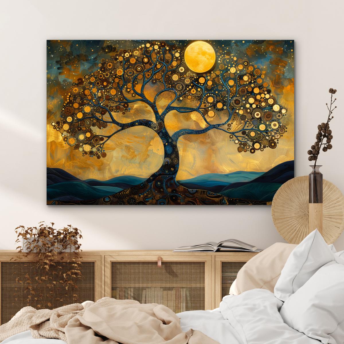 METALLBILD Baum - Mond - Blumen - Gold - Kunst Wanddeko 90x60 cm - Orange, Metall (90/60cm) - MuchoWow