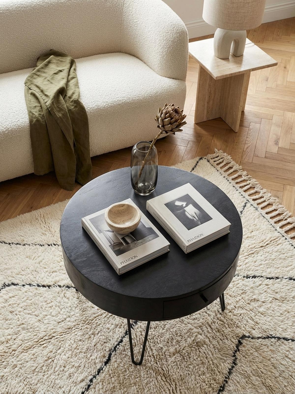 COUCHTISCH Rund Mango Massivholz Metall, 60x60x43 cm, mit Schublade, Stauraum und Haarnadelbeinen - Schwarz, Holz/Metall (60/60/43cm) - KADIMA DESIGN