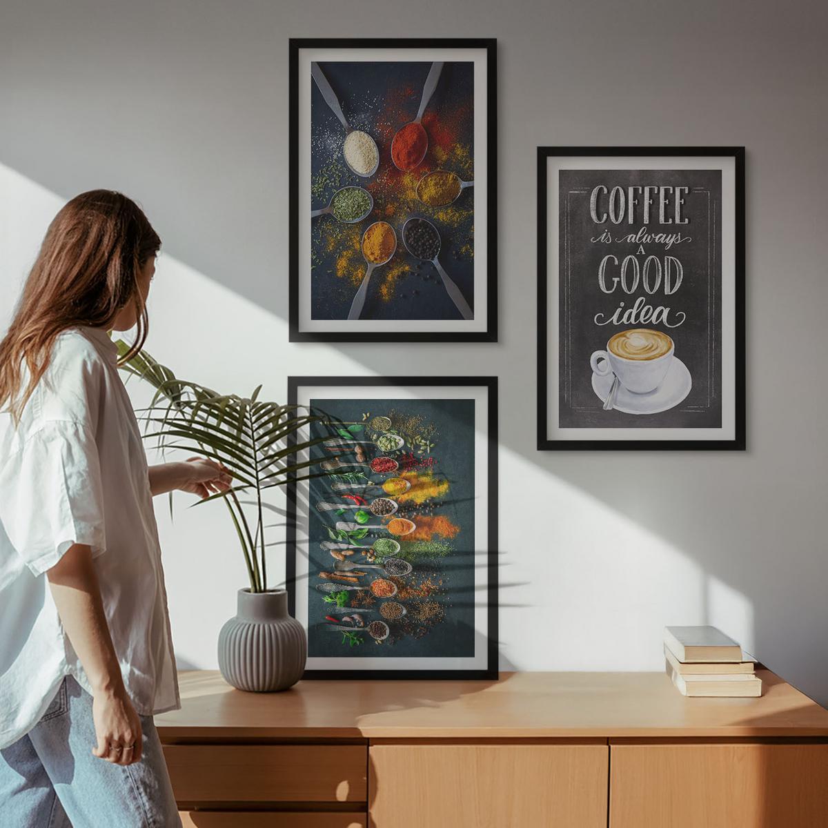 BILDER SET 3er Set - 40x60 cm Schwarzer Rahmen - Gewürze, Kaffee, Kräuter, Muster - Schwarz, Kunststoff (40/60cm) - TULUP