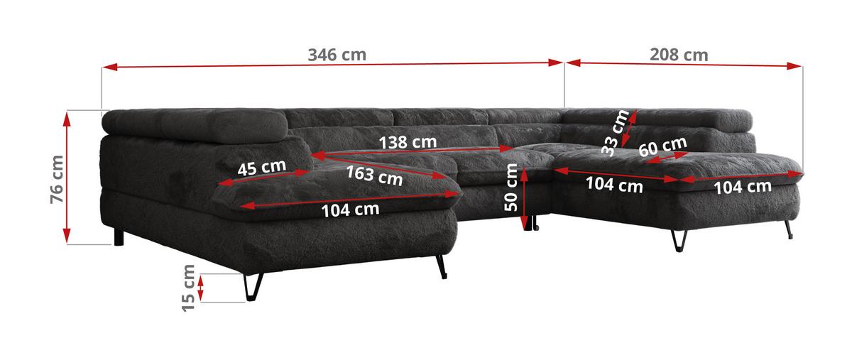 WOHNLANDSCHAFT PETER U Plüsch Anthrazit - Anthrazit/Schwarz, Textil/Metall (346/76/208cm) - MKS