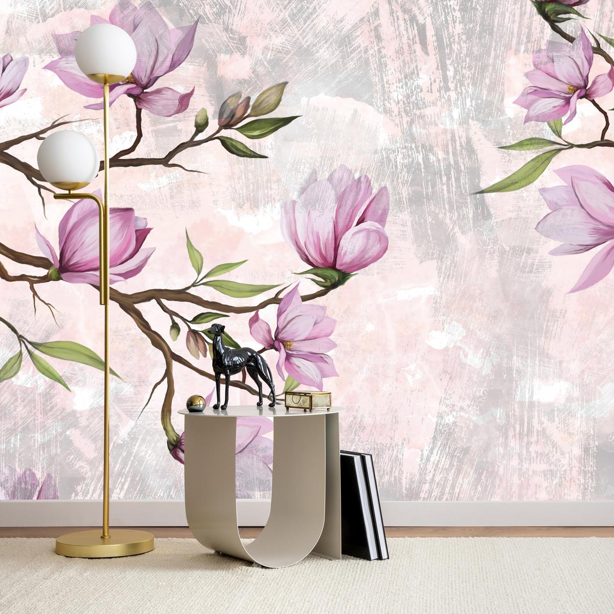 FOTOTAPETE für Schlafzimmer Rosa Magnolienblüten Botanisch 300x210 - Beige/Violett, Papier (300/210cm) - Muralo