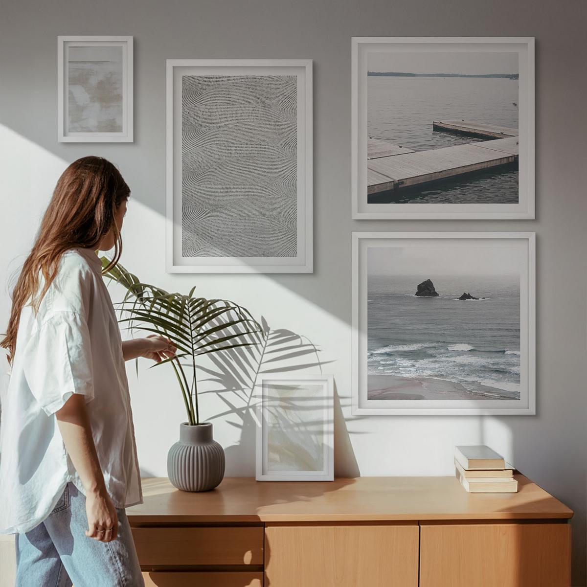 BILDER SET 5er Set - 50x50 cm & 20x30 cm & 40x60 cm Weißer Rahmen - Abstraktes Design, moderne Texturen - Weiß, Kunststoff (40/60cm) - TULUP