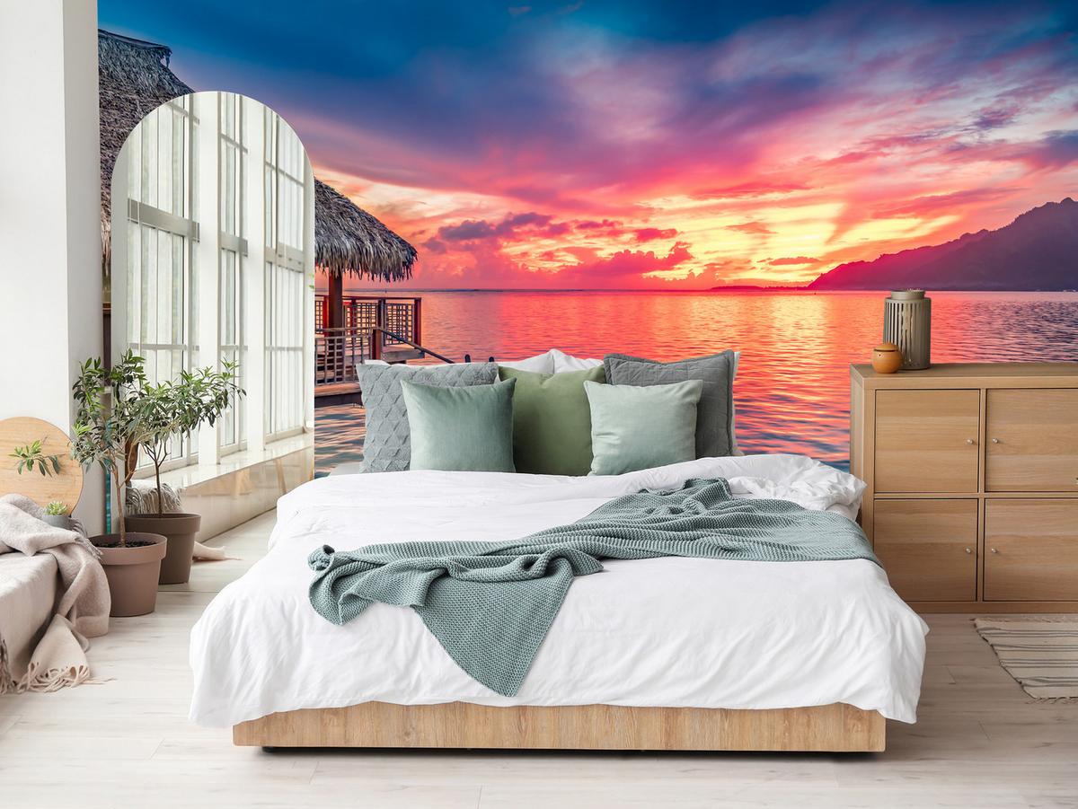 FOTOTAPETE für Wohnzimmer Sonnenuntergang Ozean Holzhütte 350x256 - Türkis/Blau, Papier (350/256cm) - Muralo