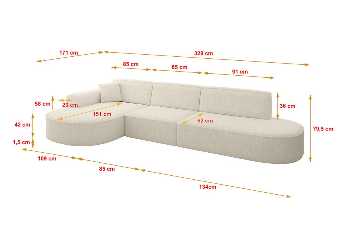 ECKSOFA Ottomane Links MARI-L2 - 328x171x79 cm Creme Tissu - Creme/Schwarz, Holzwerkstoff/Kunststoff (328/171cm) - ALTDECOR