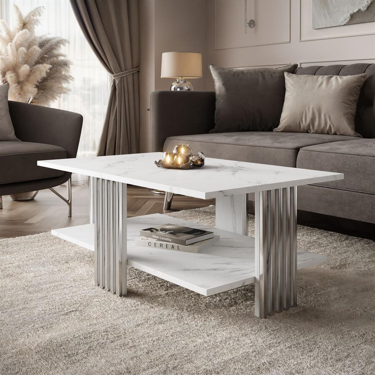 COUCHTISCH SAPHIRA SILVER mit Ablageboden, Weißer Marmor - Weiß, Holzwerkstoff (60/100/40cm) - Lookway