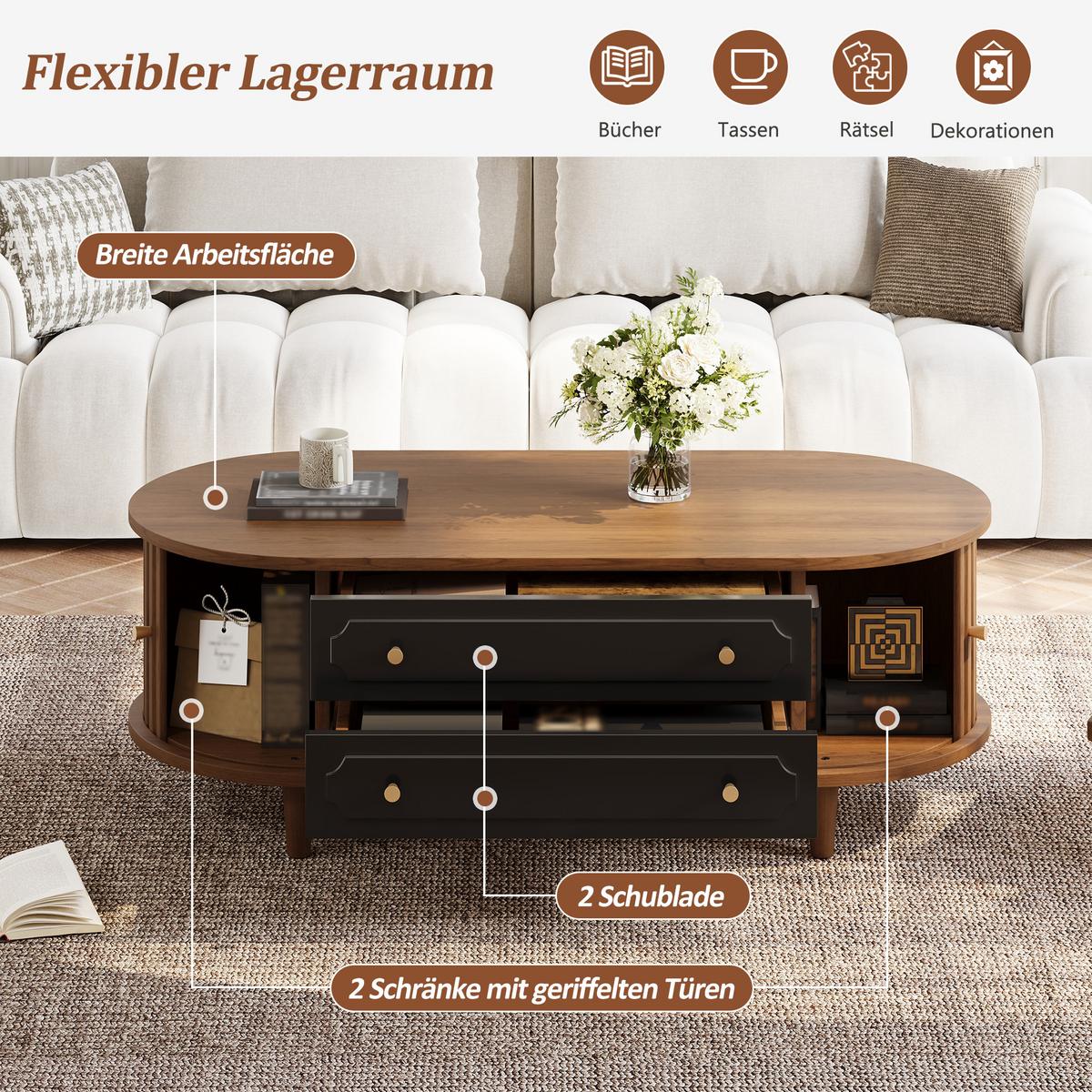 COUCHTISCH Walnuss Retro mit 2 Schubladen & Rolltür - Walnussfarben, Holzwerkstoff (50/100/36cm) - Urban Meuble
