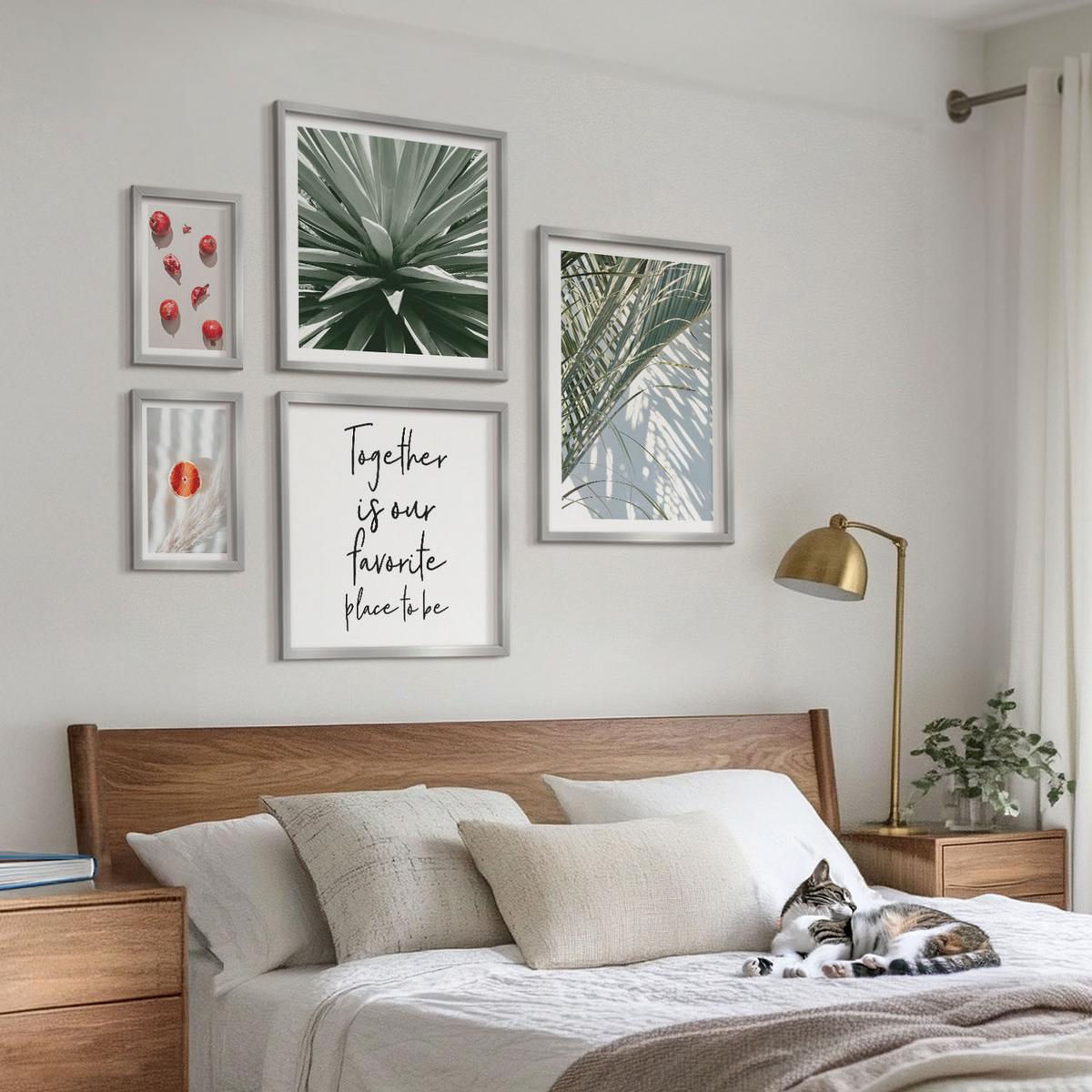 BILDER SET 5er Set - 50x50 cm & 20x30 cm & 40x60 cm Silberner Rahmen - Feiertags-Palmenfrucht-Inschrift - Silberfarben, Kunststoff (40/60cm) - TULUP