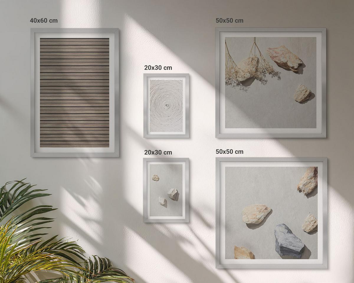 BILDER SET 5er Set - 50x50 cm & 20x30 cm & 40x60 cm Silberner Rahmen - Natürliche Texturen Holz Steine - Silberfarben, Kunststoff (40/60cm) - TULUP