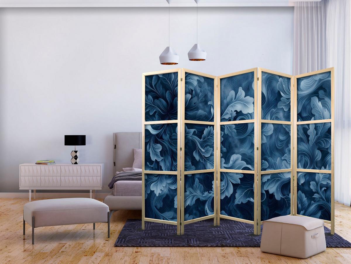 PARAVENT Japanischer 5-tlg 225x172 cm Bl tter Ornamente - Blau, Holz/Textil (225/172/3cm) - Muralo