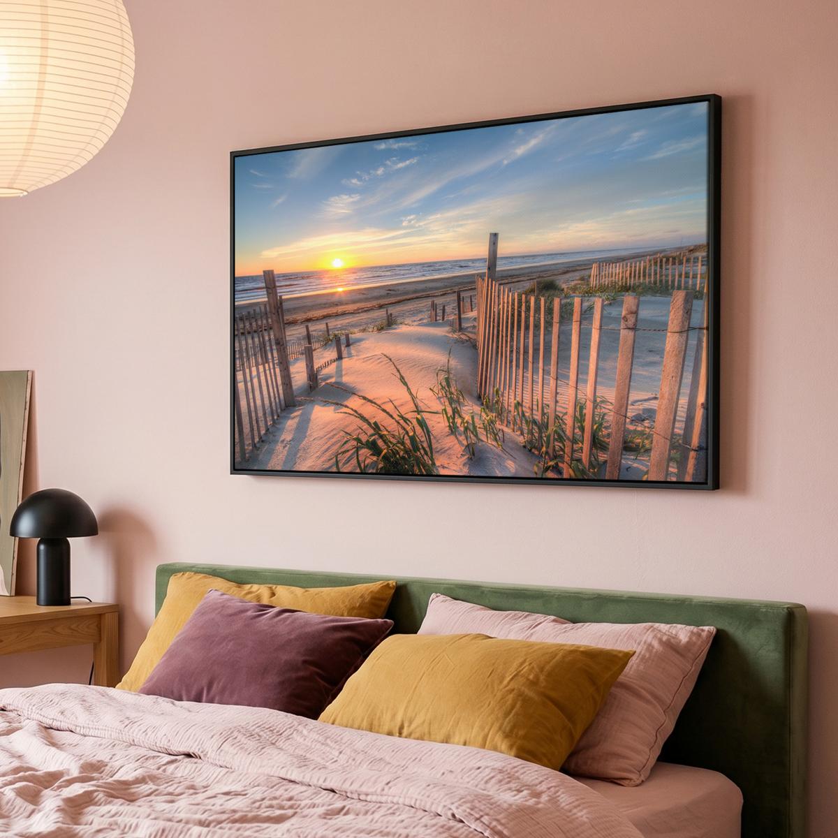 LEINWAND Bilder mit Rahmen - Strand - Meer - Düne - Sonnenuntergang - Landschaft - 140x90 - Beige, Textil (140/90cm) - MuchoWow