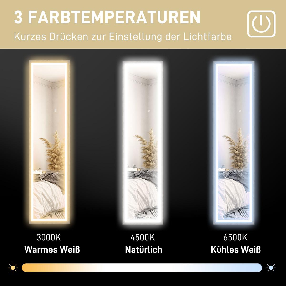 GANZKÖRPERSPIEGEL 40 x 160 cm Standspiegel mit LED-Lichte, 3 Lichtfarben, Grau - Grau, Glas (5/160/40cm) - HOMCOM