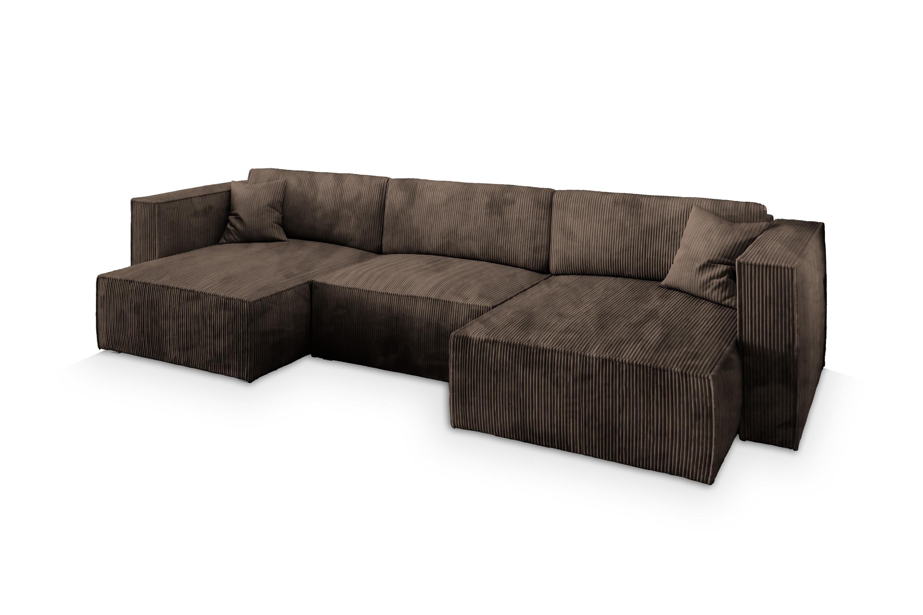 WOHNLANDSCHAFT SARMO P Braun Kordstoff mit Schlaffunktion - Braun/Grau, Holz/Kunststoff (347/70/148cm) - MASSENO