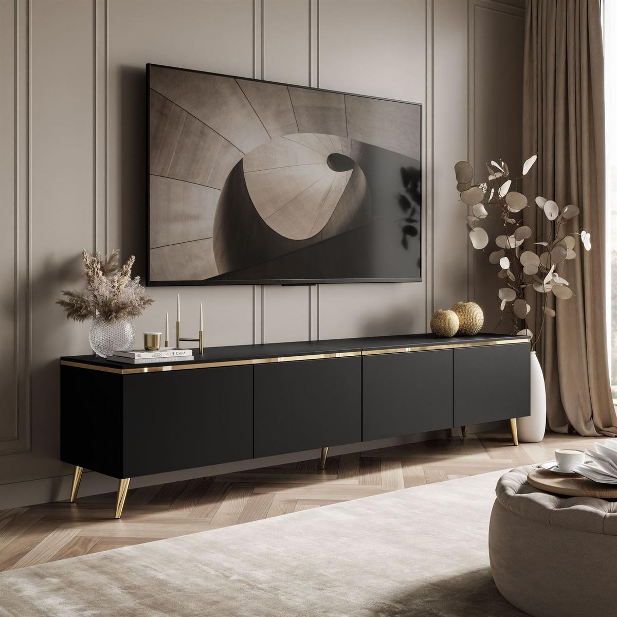 TV-SCHRANK CELINE 200 cm schwarz matt auf schräge goldenen Füßen - Schwarz, Holzwerkstoff (200/49/40cm) - Lookway