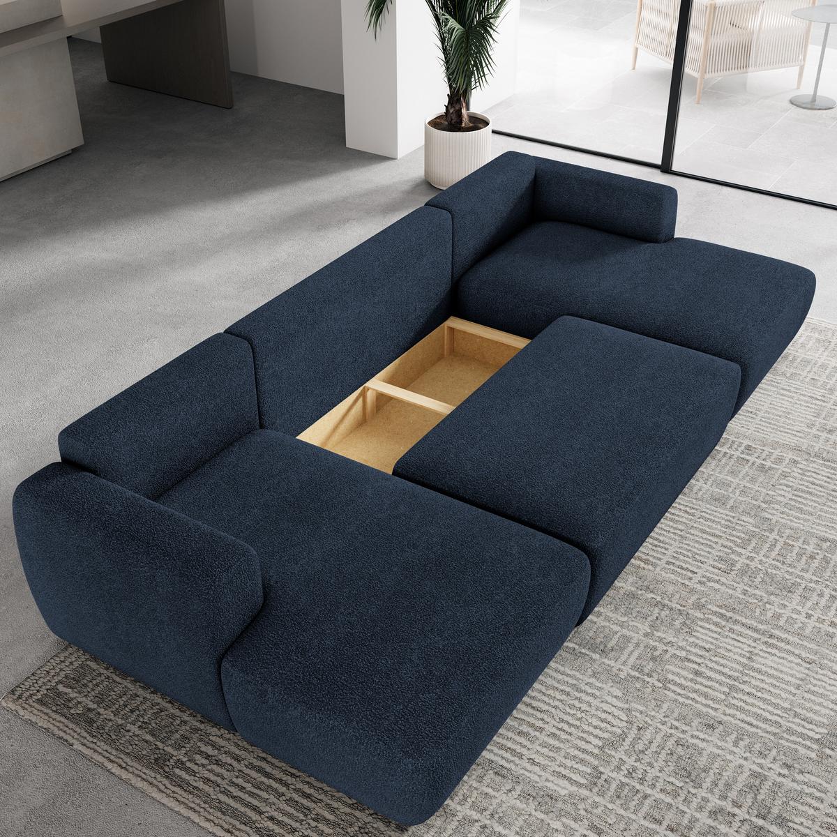WOHNLANDSCHAFT SENTUM N Blau Boucle-Stoff mit Schlaffunktion - Blau/Schwarz, Holz/Kunststoff (330/90/148cm) - MASSENO