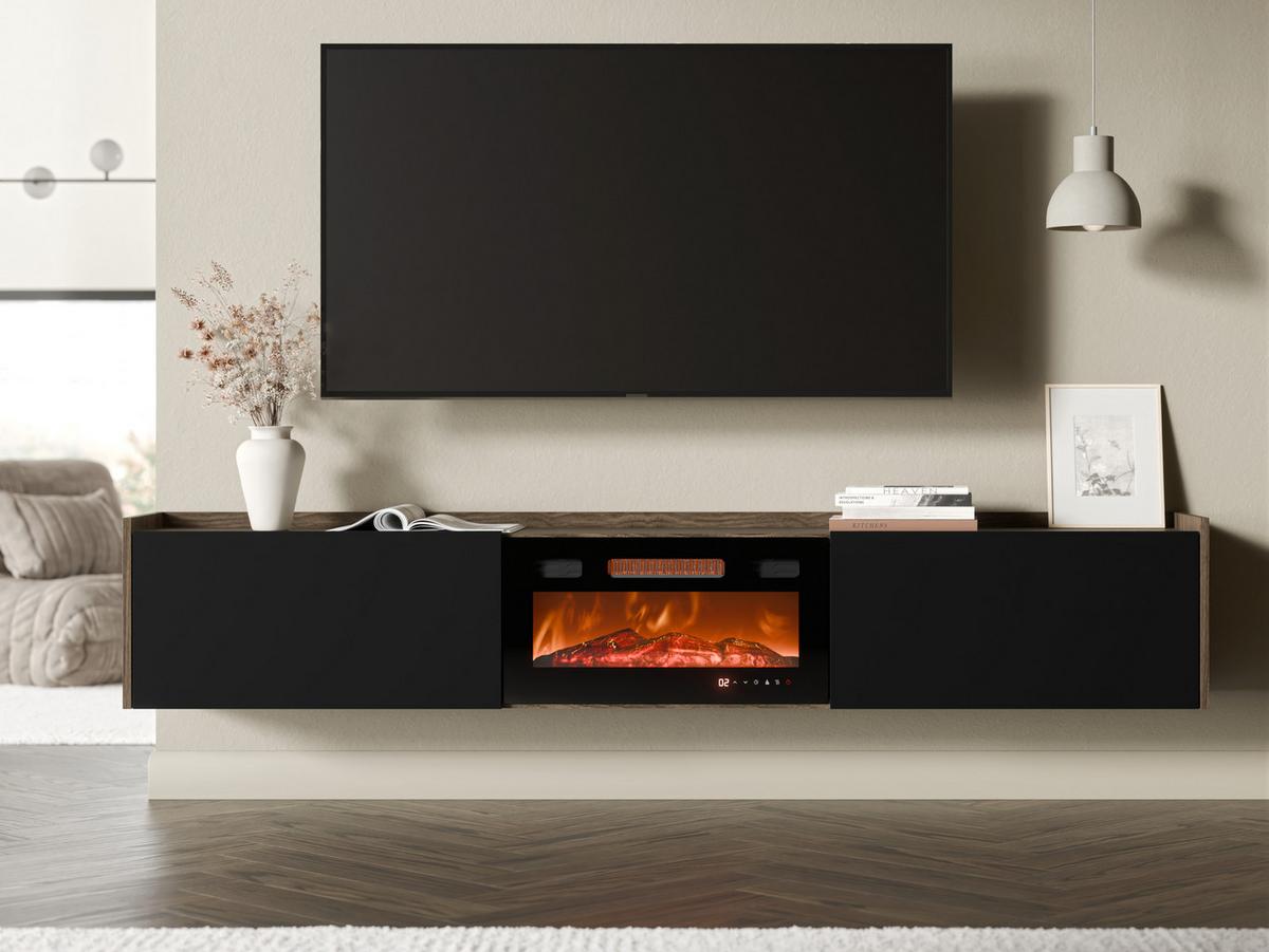 TV-LOWBOARD Arigato mit Kamin - Nussbaumfarben/Schwarz, Holzwerkstoff (200/36/32cm) - MIRJAN24