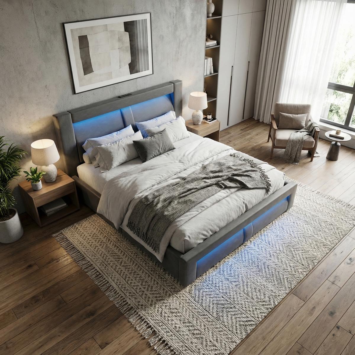 BETT 180x200 cm Grau Samt - Grau, Textil (180/200cm) - Urban Meuble