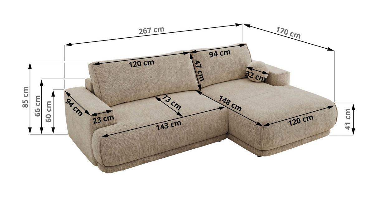 ECKSCHLAFSOFA RINA L Beige Schenille grob gewebt - links - Beige/Schwarz, Kunststoff/Textil (267/170cm) - MKS