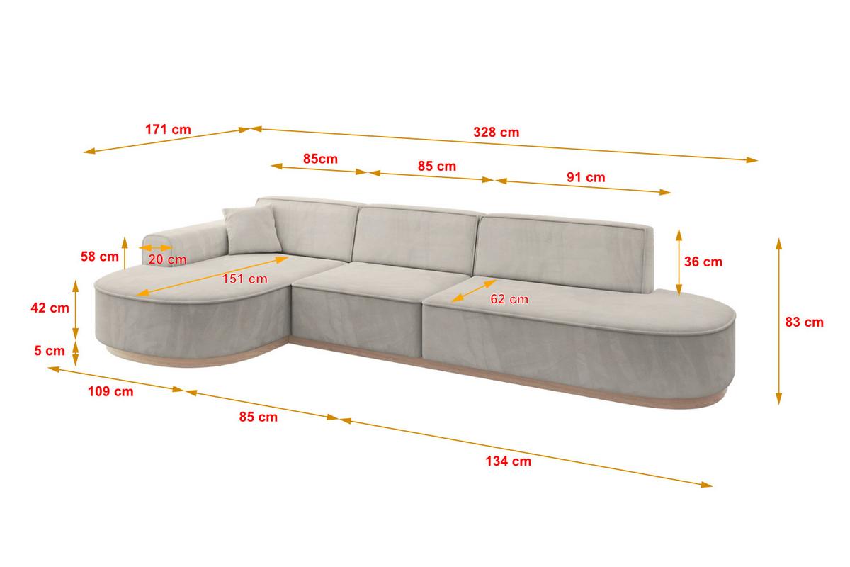 ECKSOFA Ottomane Links MARI-L2-v1 - 328x171x83 cm Hellbraun Velours - Hellbraun, Holzwerkstoff/Textil (328/171cm) - ALTDECOR