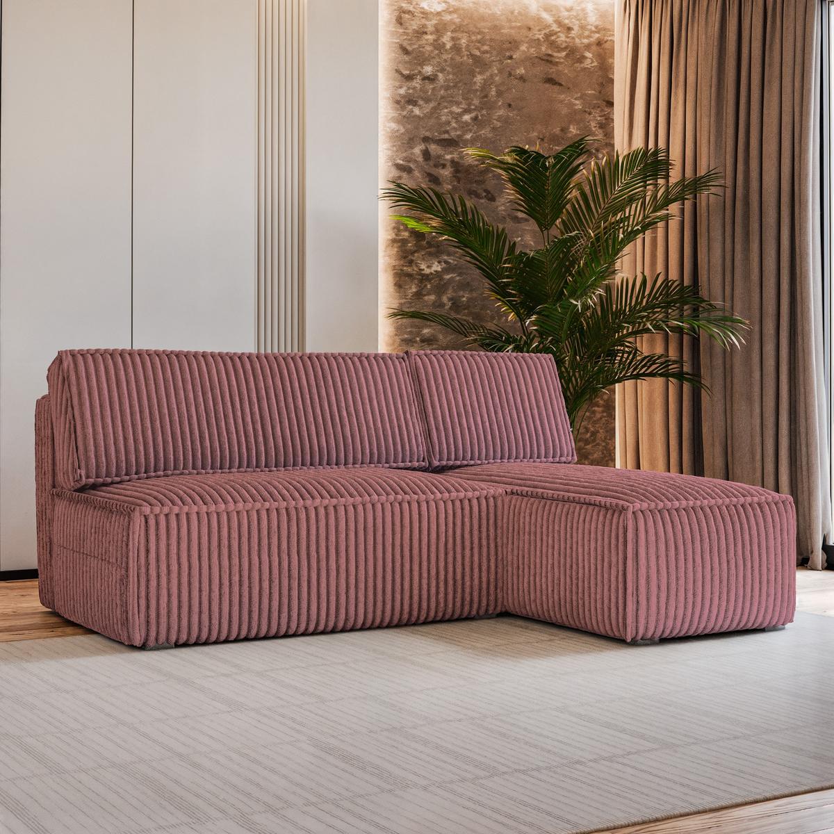 ECKSOFA BRISO T Rosa Kordstoff mit Schlaffunktion - Rosa/Grau, Holz/Kunststoff (200/140cm) - MASSENO