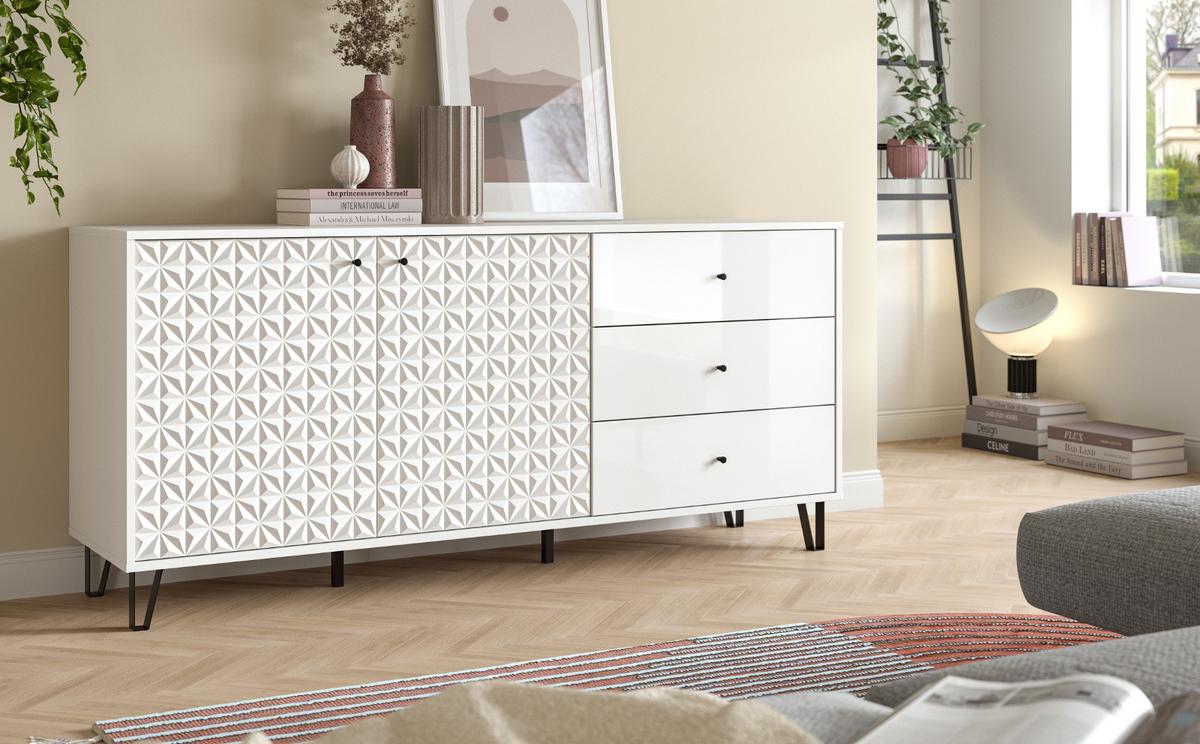 SIDEBOARD weiß Hochglanz 169 x 76 cm, Kommode mit 3D-Struktur - Weiß Hochglanz/Schwarz, Holzwerkstoff/Kunststoff (169/76/40cm) - Inn.Furn