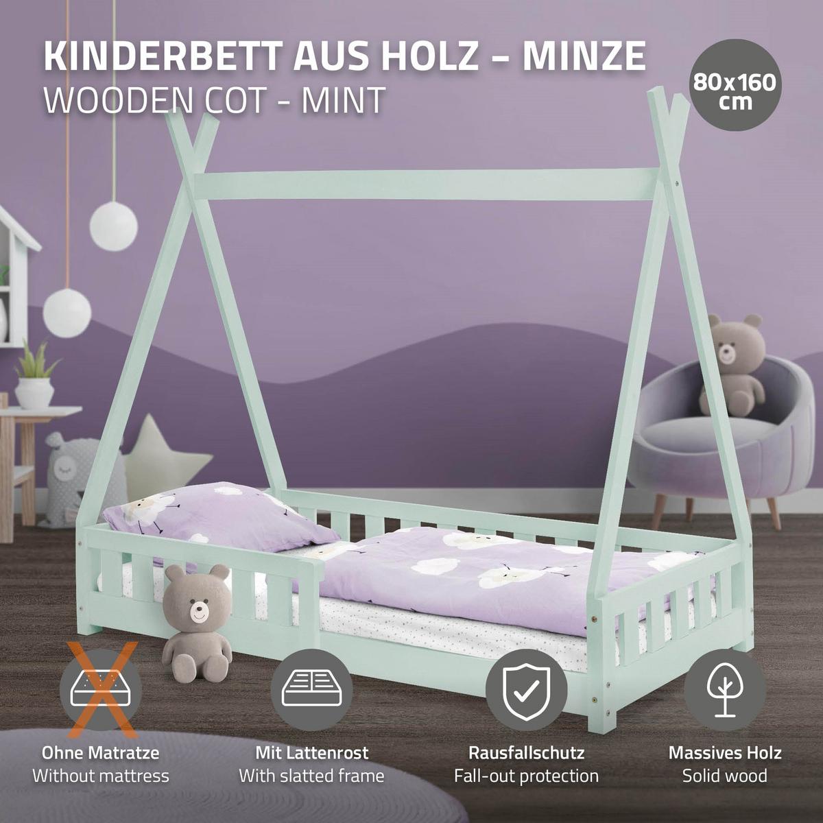 KINDERBETT Tipi 80x160 cm Mint - Mintgrün, Holz (80/160cm) - ML-DESIGN