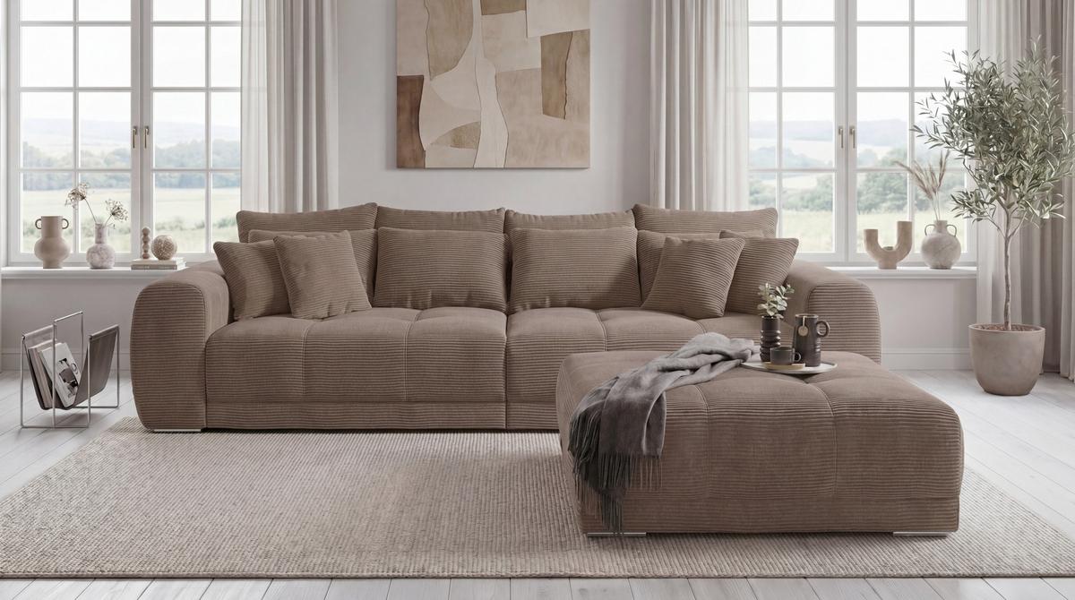 BIG-SOFA Federkern B306/T134/H86 cm, Liegefläche 120x240 cm, Cord Braun Taupe / 15174 - Chromfarben/Braun, Textil/Metall (306/86/134cm) - luma-home