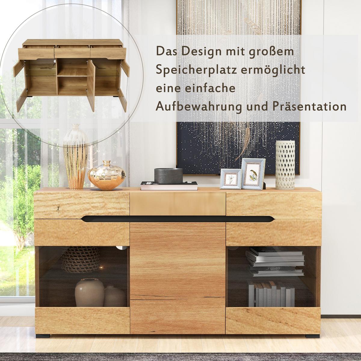 SIDEBOARD mit LED-Beleuchtung und Kabelführung, 140/35/35 cm - Eiche San Remo, Glas/Holzwerkstoff (140/80/35cm) - Urban Meuble